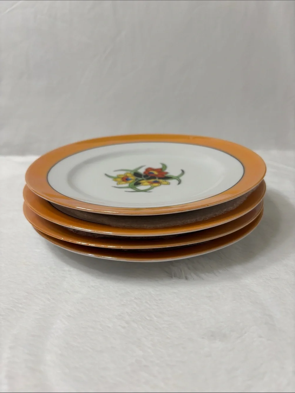 Orange Rim Floral Dessert Plates - Set of 4